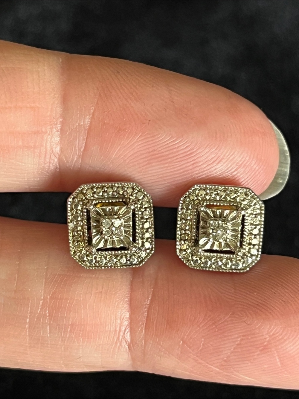 JWBR 925 Square Sterling Silver Pierced Diamond Stud Earrings Antique Style